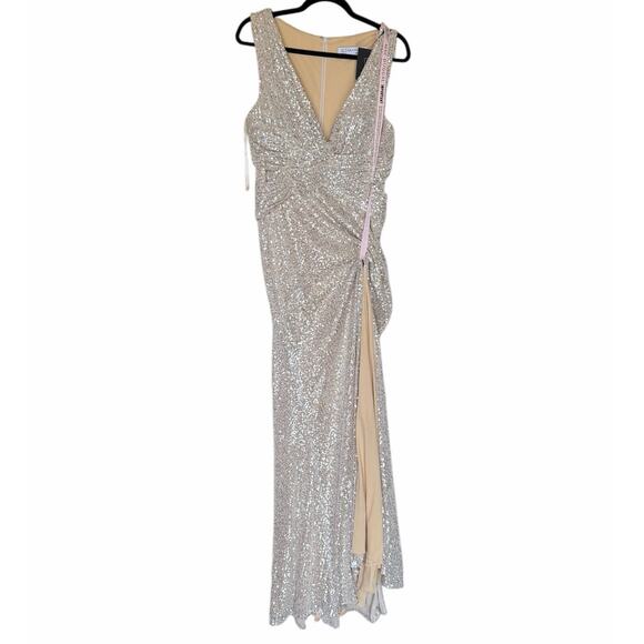 Mac Duggal 26598 Evening Gown V-Neck Faux Wrap Nude Silver Sequin Size 10 NWT - Picture 6 of 16